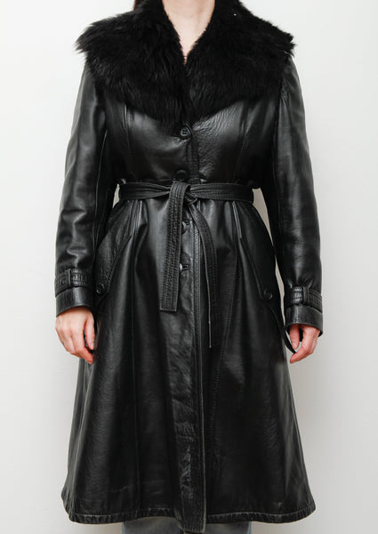 Vintage 1970's Black Leather Fur Belted Coat