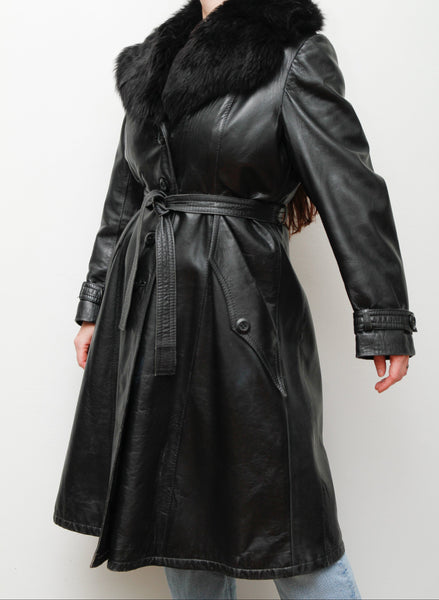 Vintage 1970's Black Leather Fur Belted Coat