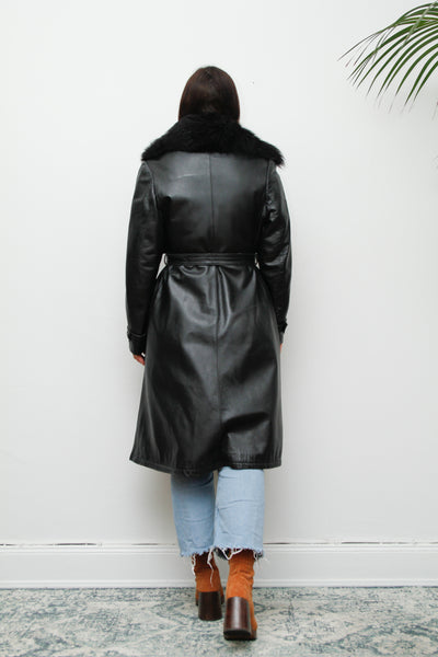 Vintage 1970's Black Leather Fur Belted Coat