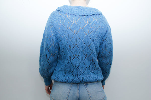 1970's Blue Floral Knitted Wool Jumper