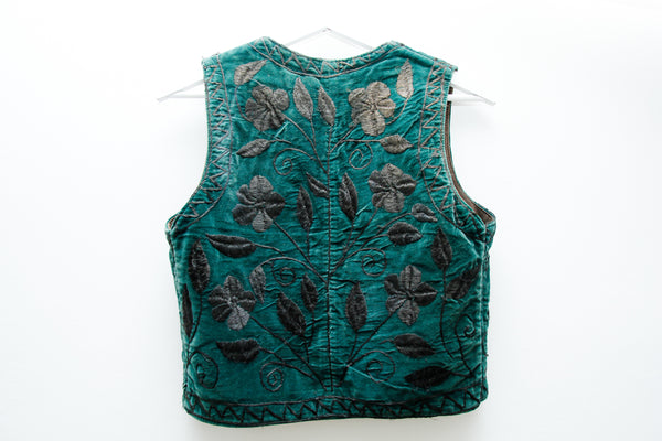 Vintage Green Velvet Embroidered Hippie Waistcoat