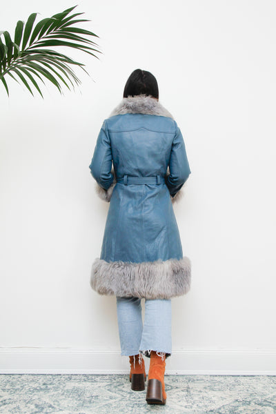 1970's Blue Afghan Penny Lane Leather Maxi Coat