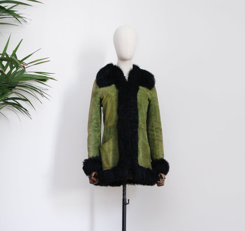 1970's Green Suede Black Penny Lane Sheepskin Coat