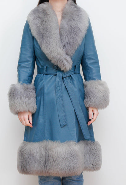1970's Blue Afghan Penny Lane Leather Maxi Coat