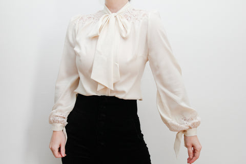1970's Gothic Cream Lace Floral Pussy Bow Blouse
