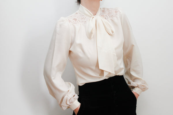 1970's Gothic Cream Lace Floral Pussy Bow Blouse
