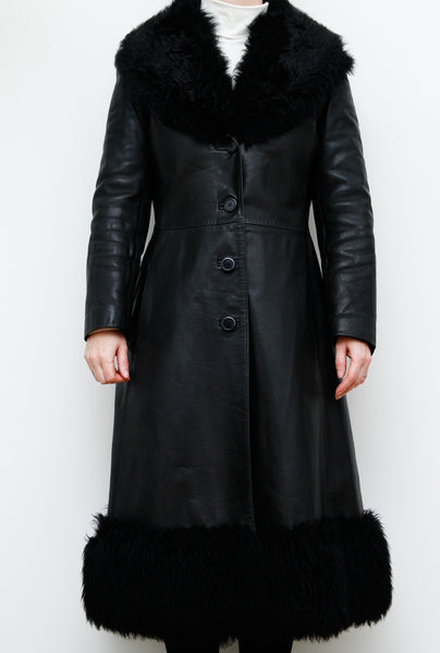1970's Afghan Penny Lane Fur Collar Black Leather Coat