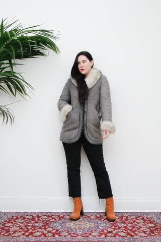 Vintage Grey Sheepskin Suede Fox Fur Coat