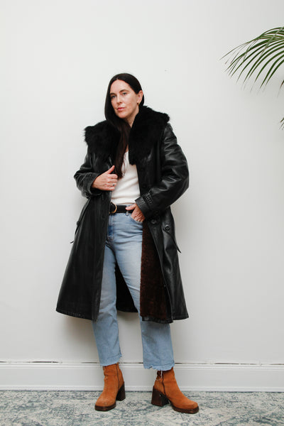 Vintage 1970's Black Leather Fur Belted Coat