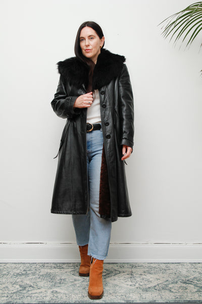 Vintage 1970's Black Leather Fur Belted Coat