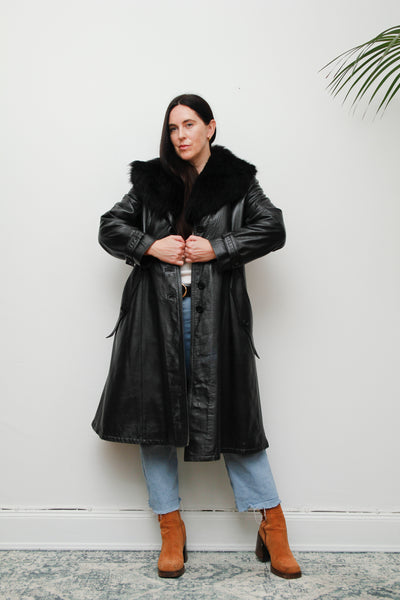 Vintage 1970's Black Leather Fur Belted Coat