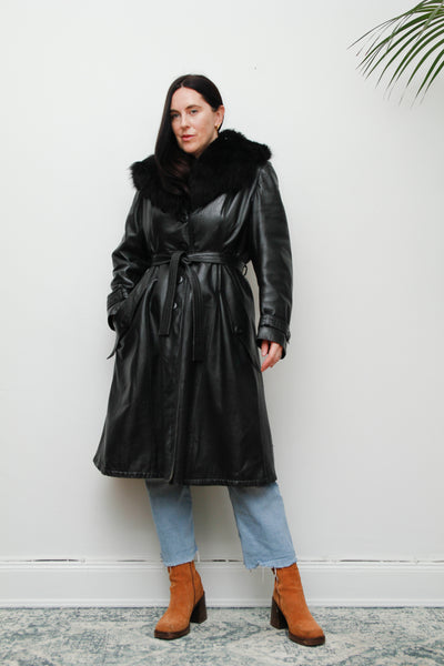 Vintage 1970's Black Leather Fur Belted Coat