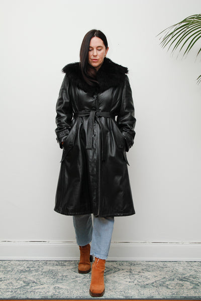 Vintage 1970's Black Leather Fur Belted Coat
