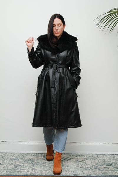 Vintage 1970's Black Leather Fur Belted Coat