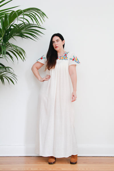 1970's Cotton Floral Embroidered Cheesecloth Kaftan Dress Rare
