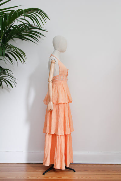1970's Prairie Peach Cotton Cheesecloth Halter Dress