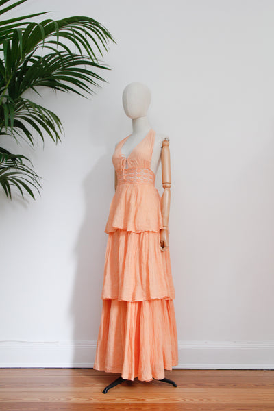 1970's Prairie Peach Cotton Cheesecloth Halter Dress