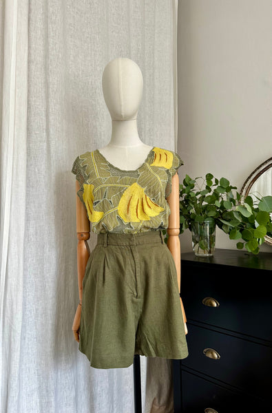 Vintage 1980s Tropical Leaf Mesh Top with Yellow Banana Appliqué