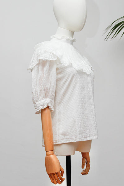 Vintage Laura Ashley Victorian Blouse | White Swiss Dot Cotton Lace Colla