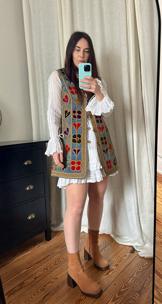 Rare 1960s Blue Velvet Embroidered Waistcoat – Folklore Floral & Heart Design, Bohemian Vintage Vest