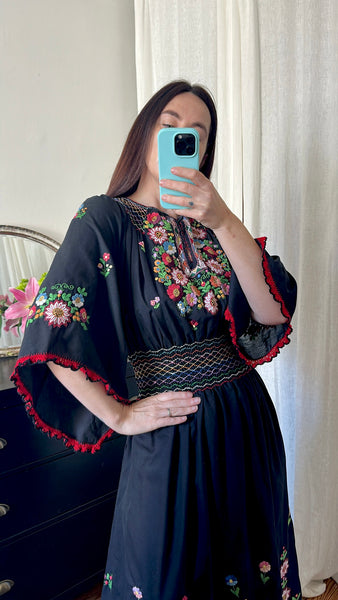 Vintage Hungarian Embroidered Cotton Dress - Black Cape Sleeve Bohemian
