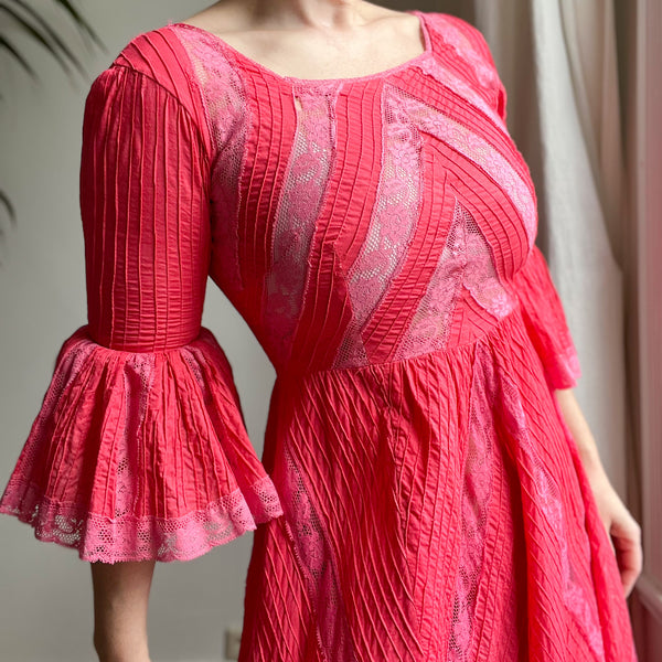 Vintage Coral Cotton Mexican Maxi Lace Dress