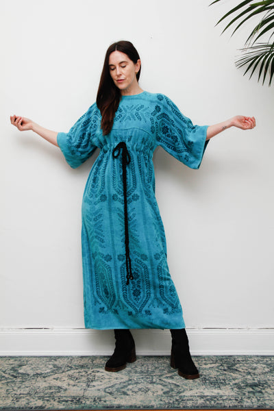 Rare Vintage 1970s Toweling Kaftan Dress - Turquoise Floral Cotton