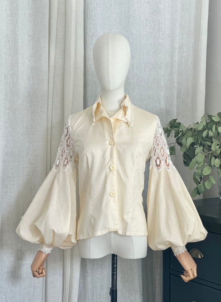 Vintage 1970s Boho Gothic Blouse, Cream Cotton with Bishop Sleeves