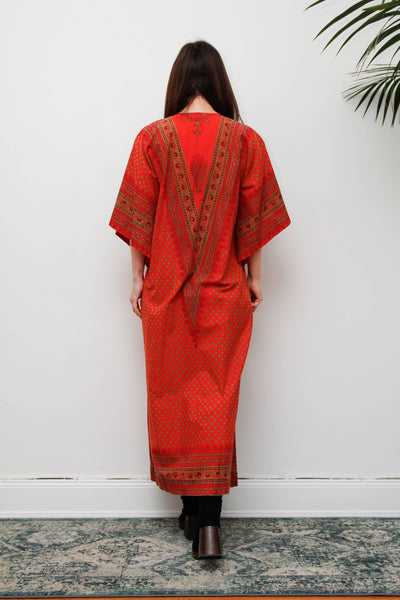 Rare Vintage Indian Block Print Maxi Dress , 70's Red Angel Sleeve Bohemian