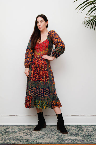 Rare Vintage Indian Block Print Cotton Dress - Navy Bohemian Floral Maxi