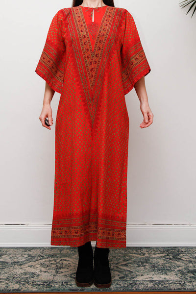 Rare Vintage Indian Block Print Maxi Dress , 70's Red Angel Sleeve Bohemian
