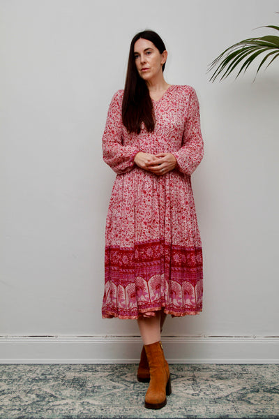 Vintage Indian Cotton Gauze Dress - Pink Floral Peacock Bohemian
