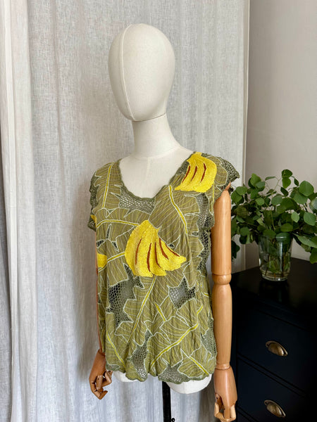 Vintage 1980s Tropical Leaf Mesh Top with Yellow Banana Appliqué