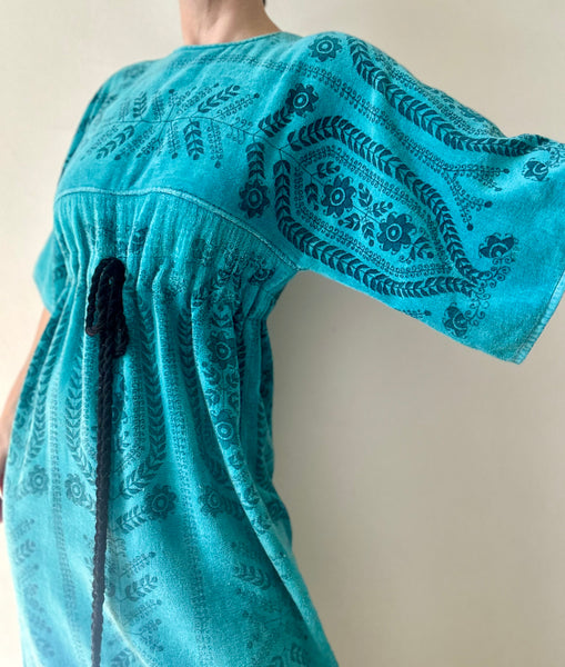 Rare Vintage 1970s Toweling Kaftan Dress - Turquoise Floral Cotton