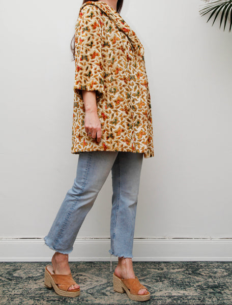 1960s Vintage Floral Jacquard Velour Coat, Cream Swing Smock