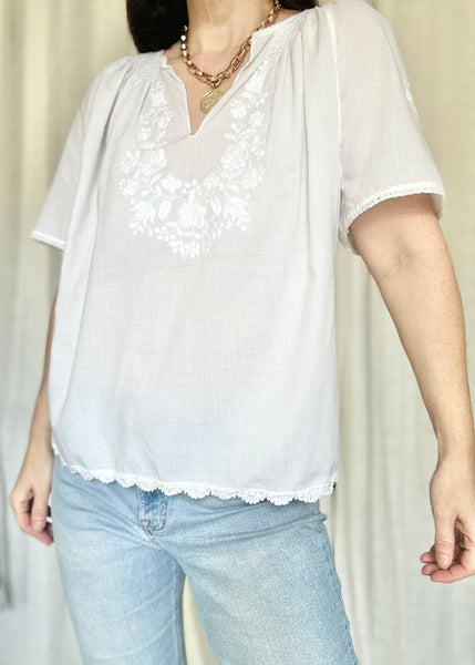 Vintage 1970s Hungarian Cotton Blouse - White Floral Hand Embroidered