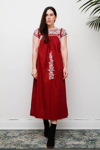 Vintage 1970s Oaxacan Mexican Embroidered Dress,  Folk Art Cotton Maxi