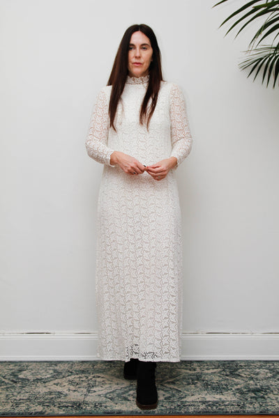 Original 1960s Vintage Lace Dress - White Victorian High Neck Bohemian