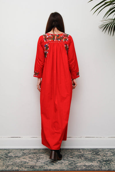 1970's Traditional Cotton Floral Embroidered Oaxacan Mexican Dress