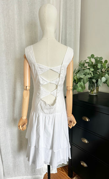 Vintage White Embroidered Cotton  Dress with Button Back Bows