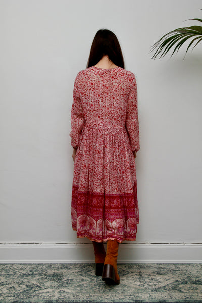 Vintage Indian Cotton Gauze Dress - Pink Floral Peacock Bohemian