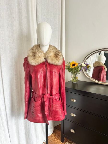 1970s Penny Lane Red Jacket with Sheepskin Collar