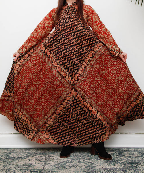 Vintage Indian Block Print Maxi Dress, Angel Sleeve Cotton Bohemian Dress