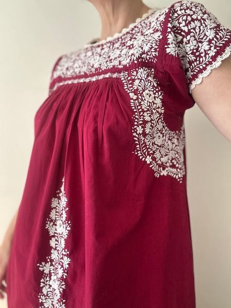 Vintage 1970s Oaxacan Mexican Embroidered Dress,  Folk Art Cotton Maxi
