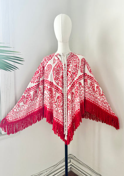 Vintage 1970s Towelling Kaftan Poncho Top, Red Paisley Bohemian Cotton
