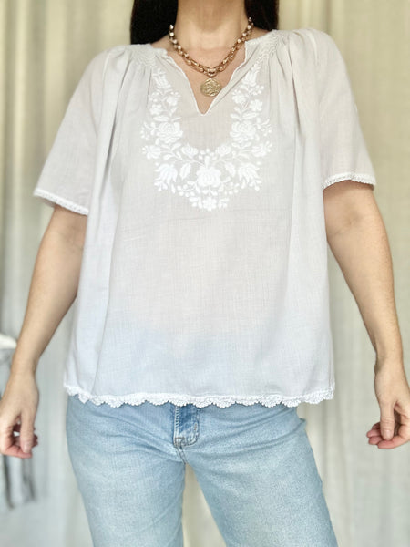 Vintage 1970s Hungarian Cotton Blouse - White Floral Hand Embroidered