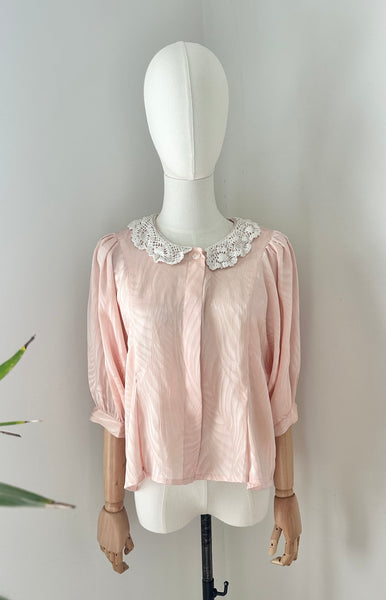 Vintage 1980s Pastel Pink Jacquard Blouse | Batwing Sleeve Cropped Top