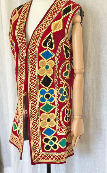 Rare 1960s Burgundy Velvet Waistcoat - Embroidered Floral Bohemian Vest