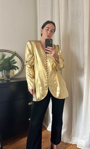 Insane 1980s Gold Lamé Ruched-Bow Statement Blazer