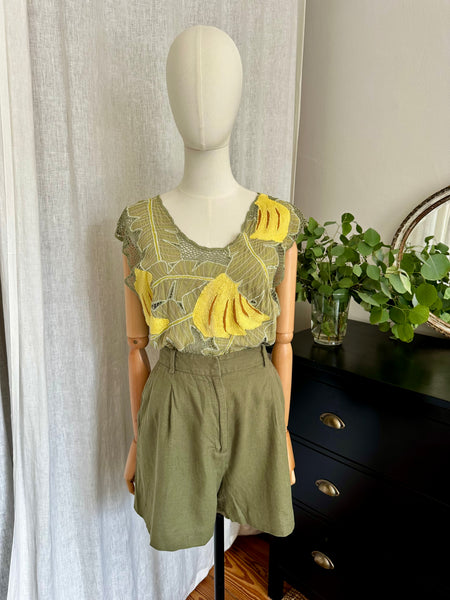Vintage 1980s Tropical Leaf Mesh Top with Yellow Banana Appliqué
